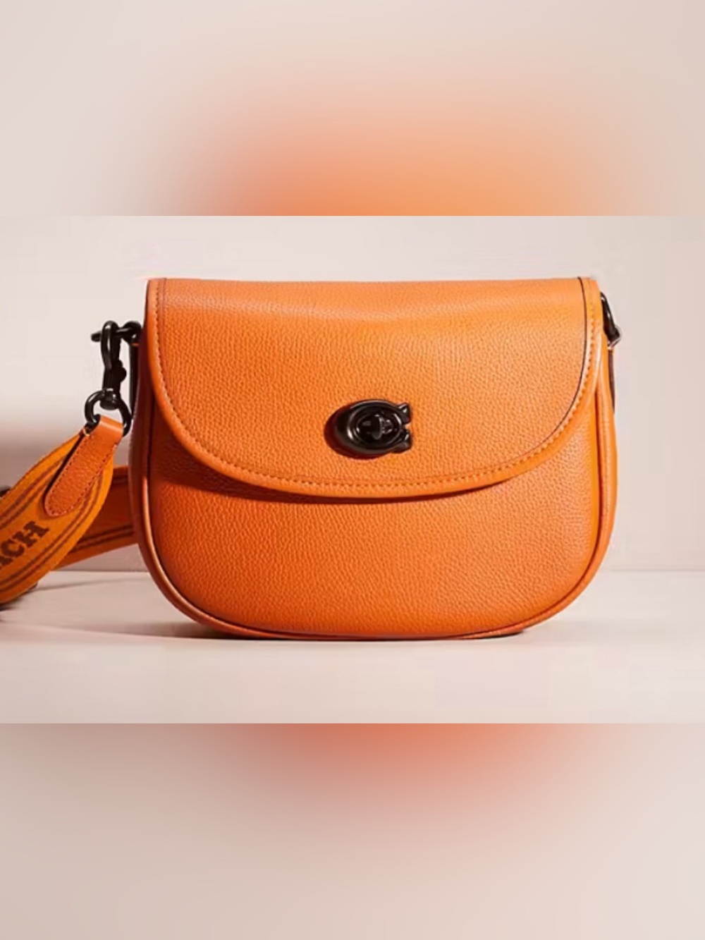 Coach Willow Saddle Bag, Orange Leather Crossbody Bag with Turnlock Closure